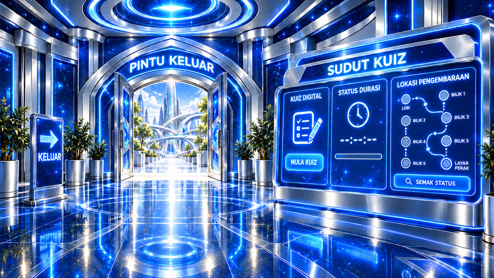 Gerbang pintu keluar futuristik dengan papan kuiz, durasi dan semakan lokasi